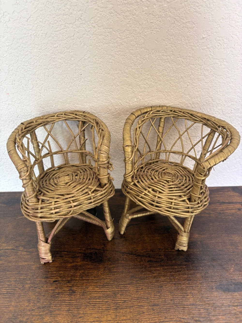 Pair of Wicker Doll Chairs in Natural Brown, 5” Height